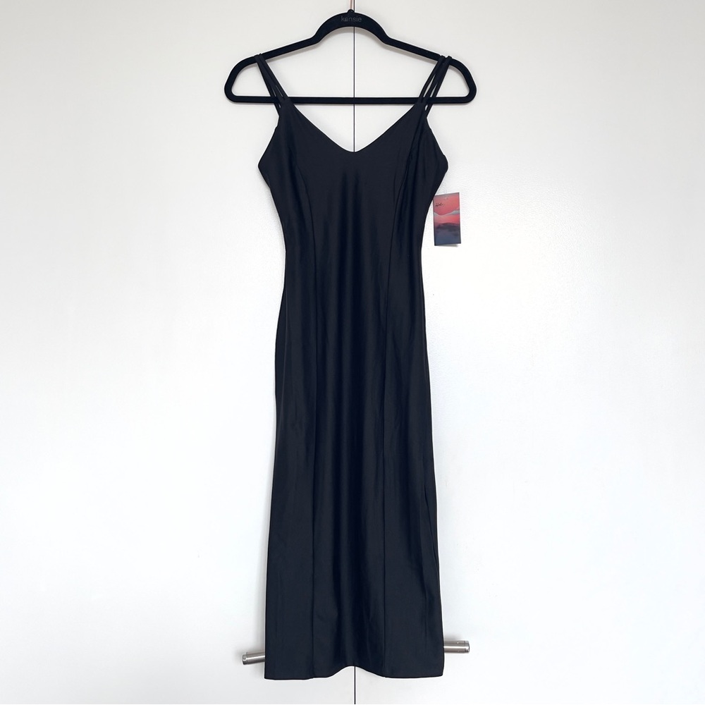 Black bodycon spandex spaghetti strap midi dress with back slit | Size S | NWT